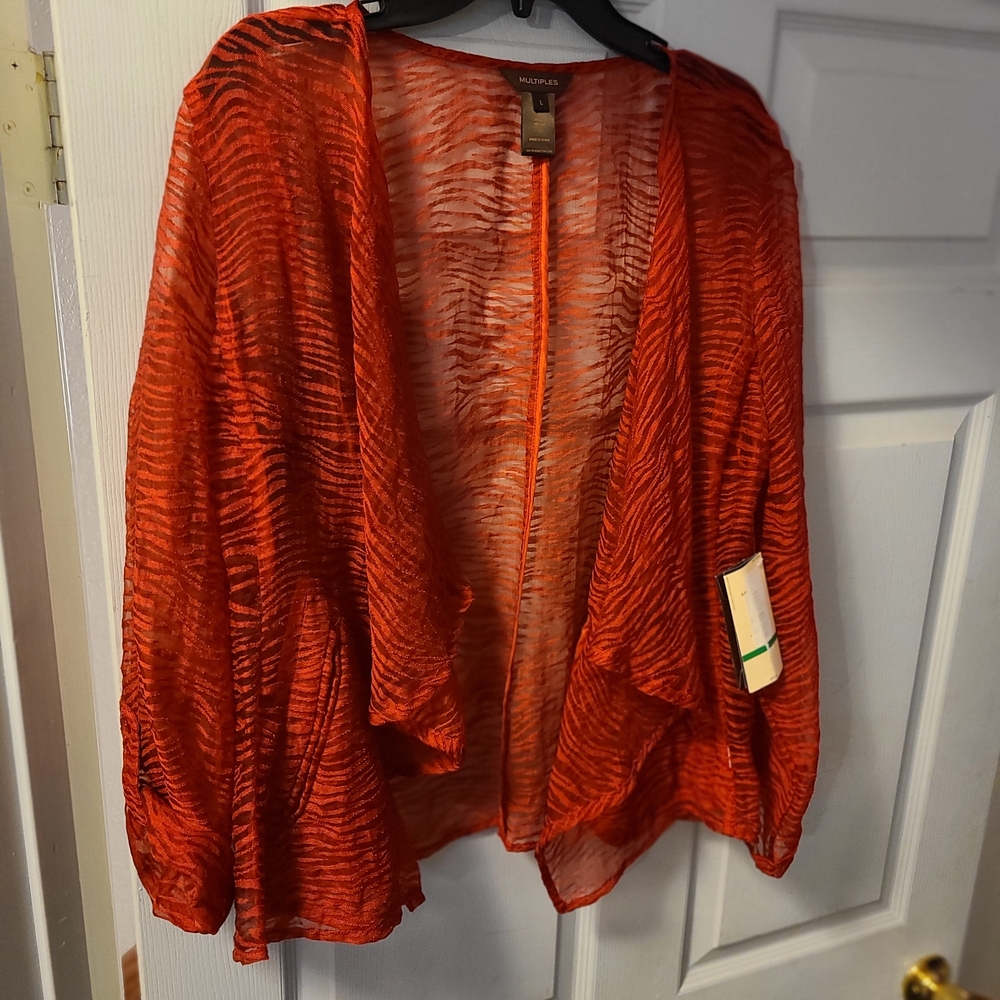 Multiples Open Front Sheer Zebra-Stripe Cardigan Jacket in Red Size L